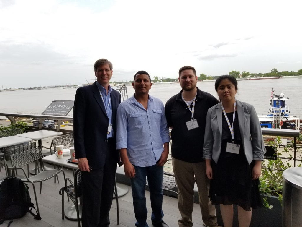 Overlooking the Mississippi River while at the 231st Electrochemical Society Meeting, New Orleans, LA, May 28-June 2, 2017. The group gave 5 talks at the meeting. (Pictured left to right: Dr. Chris Rhodes, Dr. Fernando Godinez-Salomon (postdoc), Randall Archer (M.S. student), and Sibo Niu (Ph.D. student).