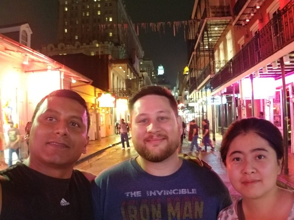 In downtown New Orleans while at the 231st Electrochemical Society Meeting, New Orleans, LA, May 28-June 2, 2017. (Pictured left to right: Dr. Fernando Godinez-Salomon (postdoc), Randall Archer (M.S. student), and Sibo Niu (Ph.D. student).