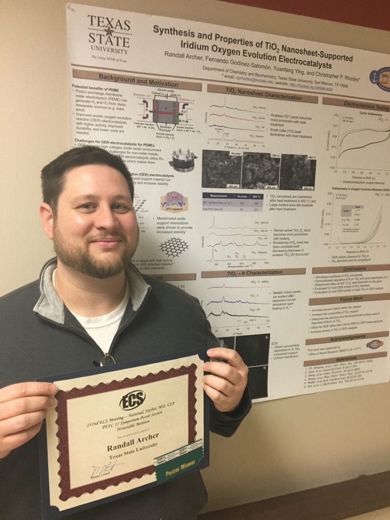 Randall received an Honorable Mention Award for his poster entitled “Titanium Oxide Nanosheets for Proton-Exchange Membrane Oxygen Evolution Electrocatalysts” at the 232nd Electrochemical Society Meeting (Symposium I01 – Polymer Electrolyte Fuel Cells 17, Section F, Abstract No. # I01F-1647) in National Harbor, MD on October 1-5, 2017.Congratulations, Randall! (pictured: Randall Archer with his award). 
