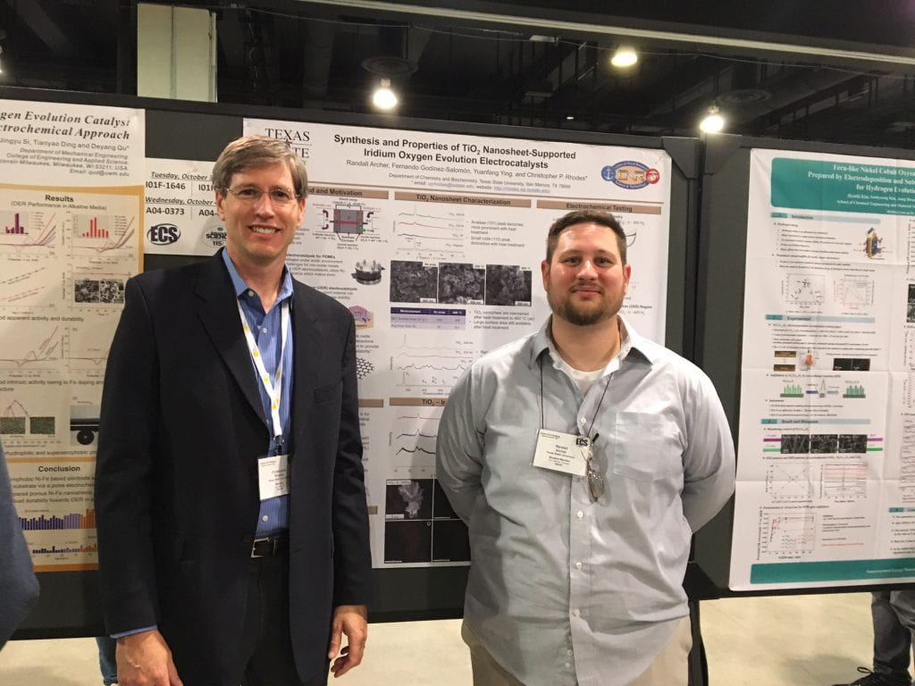 Randall Archer (M.S. Student) presenting his poster entitled “Titanium Oxide Nanosheets for Proton-Exchange Membrane Oxygen Evolution Electrocatalysts” at the 232nd Electrochemical Society Meeting (Symposium I01 – Polymer Electrolyte Fuel Cells 17, Section F, Abstract No. # I01F-1647) in National Harbor, MD on October 1-5, 2017. Randall received an Honorable Mention Award for his poster. Congratulations, Randall! (Pictured left to right: Dr. Chris Rhodes, Randall Archer (M.S. Student)).